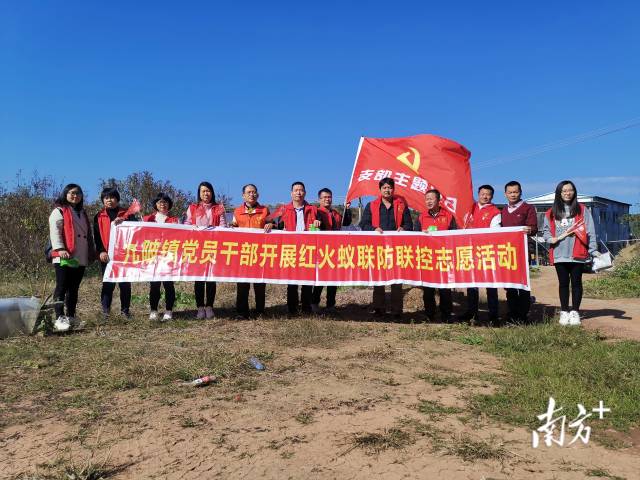 黨支部全體黨員在南石塘村開展轄區(qū)紅火蟻防治活動。